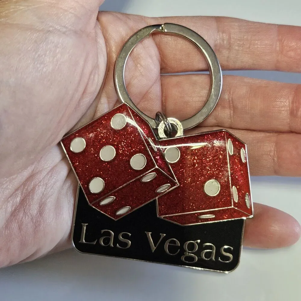Silver Tone Metal Key Ring Las Vegas Red Glitter Enamel Dice Black Enamel